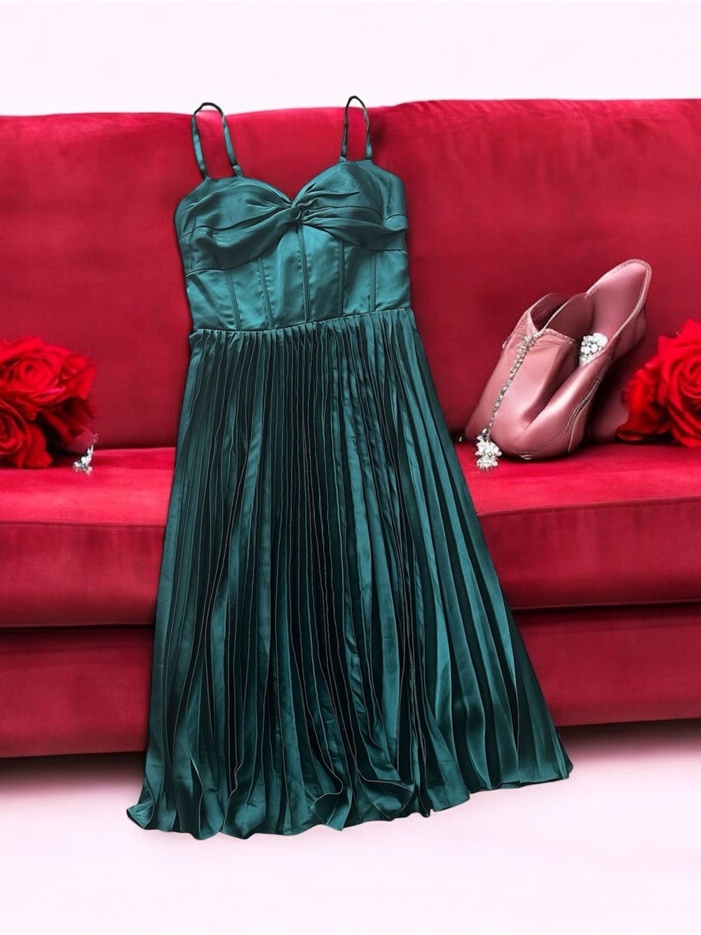 Satin Pleated Midi Dress with Spaghetti Straps - Emerald